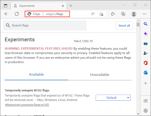 Launch Microsoft Edge, and type edge://flags into the address bar.
